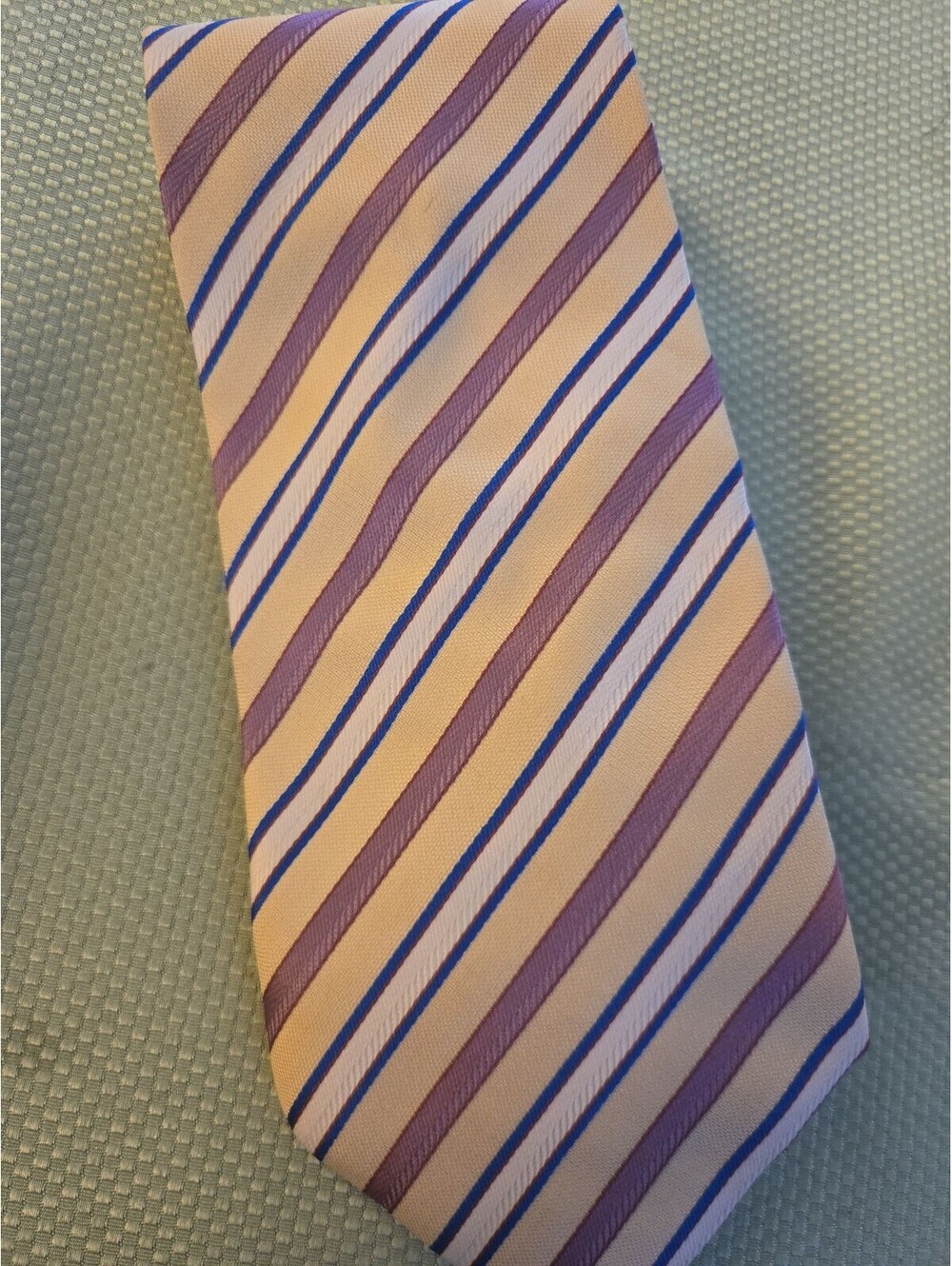 Handmade 100% Silk Diagonal Striped Tie in Peach, Purple, and Blue - Picture 4 of 5